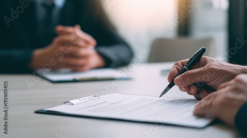 A detailed close-up shot captures a person's hands diligently signing an important contract or document with a pen at a desk, with another person blurred in the background.