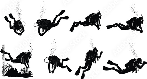 Silhouettes of scuba divers underwater, marine exploration, coral reef diving, ocean adventure, snorkeling, aquatic sports photography