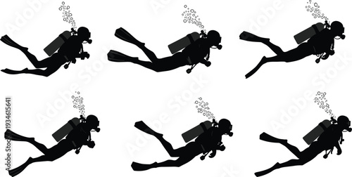 Silhouettes of scuba divers, swimming underwater, with tanks, fins, and masks, exhaling bubbles, for diving, marine exploration, and underwater adventure concepts