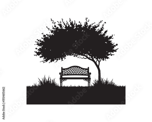 Black silhouette of a park bench under a large leafy tree with grass and ground on white background Keywords: park bench, tree