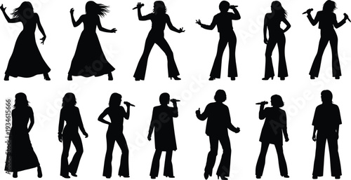 Silhouettes of singers performing with microphones, dancing and posing on stage, female and male vocalist collection, music performance vector set