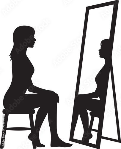 Woman sitting on chair looking at herself in mirror vector silhouette illustration