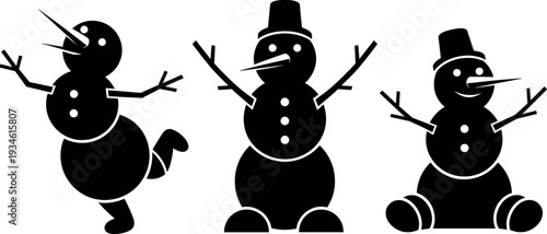 Black snowman silhouette collection, cute winter holiday character set,