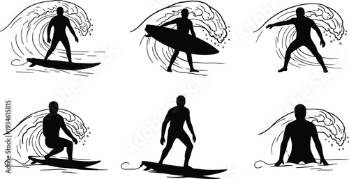 Silhouettes of surfers, riding waves, walking with surfboards, crouching, sitting, in dynamic poses, for surfing sport, beach lifestyle, and ocean adventure concepts