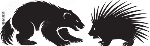 Wolverine versus porcupine in intense wild animal encounter silhouette design isolated