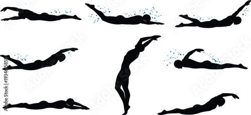 Silhouettes of swimmers, performing freestyle, backstroke, butterfly, breaststroke, and diving, with water splashes, for swimming, sport, and aquatic competition concepts