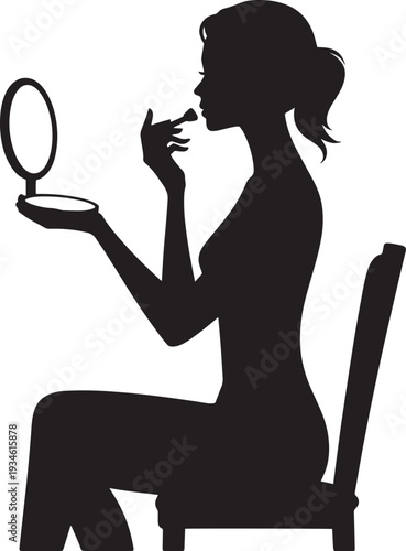 Woman applying makeup sitting on a chair looking in a mirror beauty routine silhouette