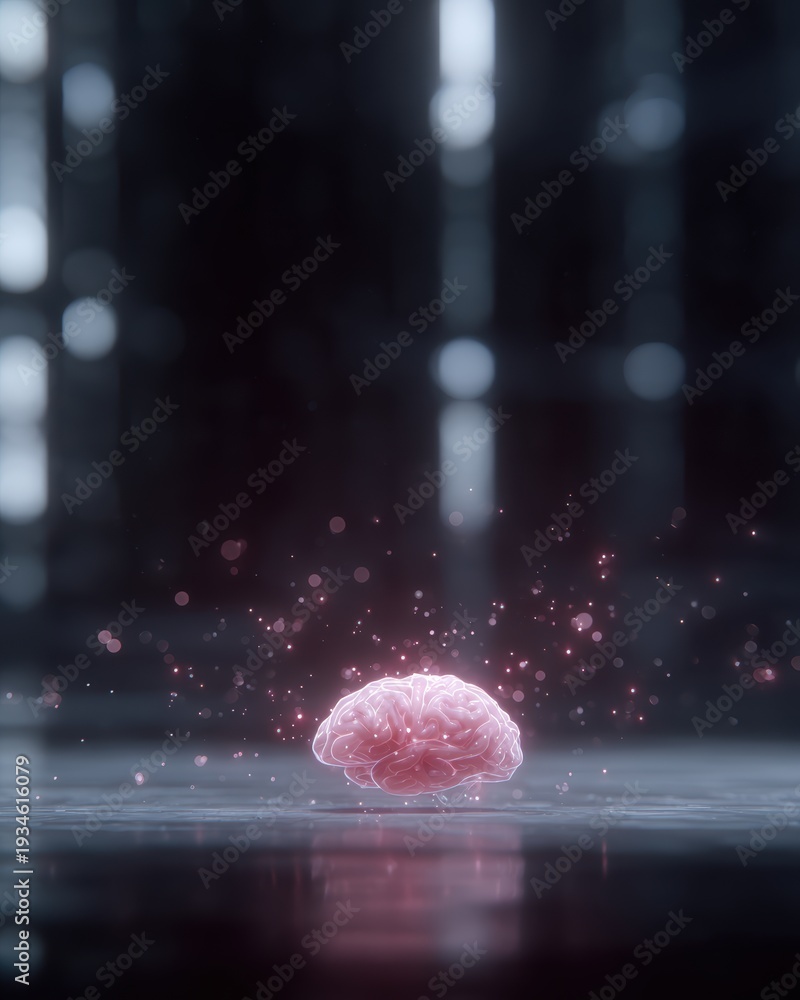 Fototapeta premium Floating 3D digital brain with glowing data particles, futuristic laboratory background