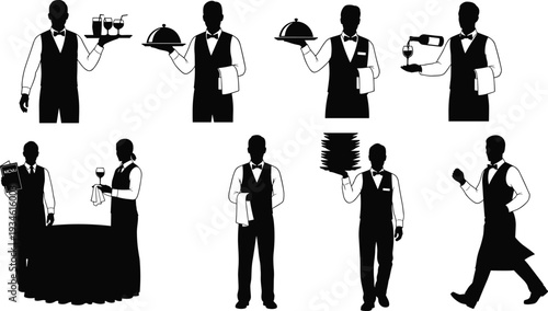 Silhouettes of waiters serving food and drinks in various poses, restaurant service staff actions, flat vector illustration