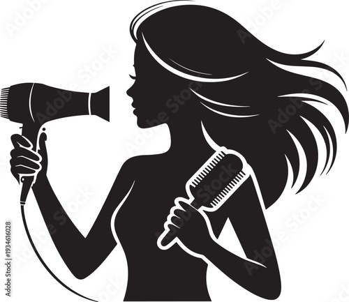 Woman silhouette using hair dryer and brush styling long flowing tresses for beauty salon