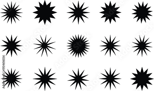 Collection of black starburst elements, sharp and geometric, on a white background.