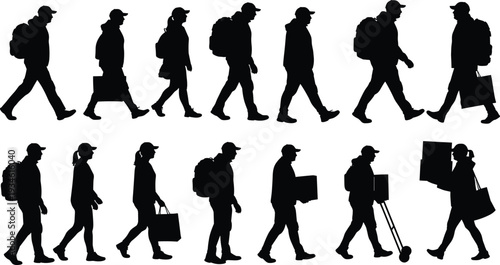 Silhouettes of walking man, commuter with backpack, carrying briefcase, holding phone, urban lifestyle, daily routine, human motion, travel concept