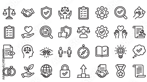 Business ethics and corporate integrity outline icon set for compliance, sustainability, governance reporting and organizational values design