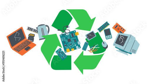 Vector concept of e-waste recycling. Green recycle symbol with broken electronic garbage, laptop and circuit board. Flat design illustration and graphic for ecology infographic or web banner.