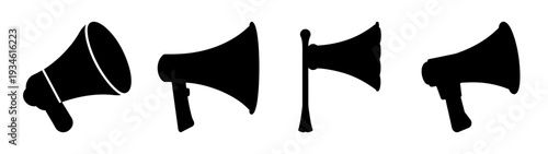 Four black megaphones in different positions vector illustration, flat design graphics