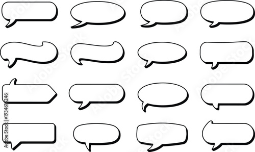 Set of diverse, hand-drawn speech bubbles and chat boxes with outline and shadow effects.