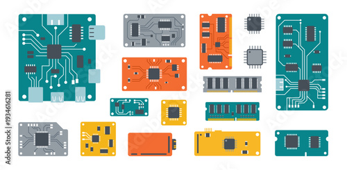 Vector design elements for technology infographics. Flat design collection of printed circuit boards, electronic microchips, RAM and computer hardware.