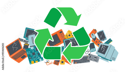 Vector concept of e-waste recycling. Large green recycle symbol over a pile of broken electronic garbage, laptops and circuit boards. Flat design illustration for ecology infographic or presentation.