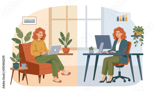 Flat vector illustration of hybrid remote work. Red-haired woman working from home on laptop and in corporate office on desktop. Flat design graphic for HR landing page or blog.