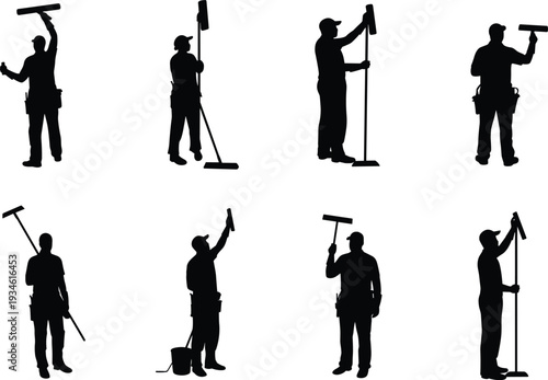 Silhouettes of workers cleaning windows with squeegees and tools, professional cleaning service concept, maintenance and hygiene scene, flat vector illustration