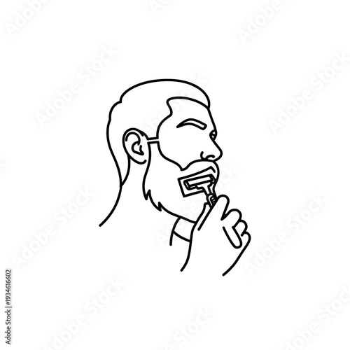 Minimalist black and white line art illustration of a man shaving his beard with a razor, symbolizing personal grooming and hygiene