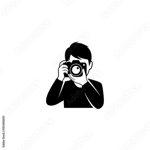 Minimal black vector logo featuring a person holding a camera to take a photo, perfect for photography services or creative projects
