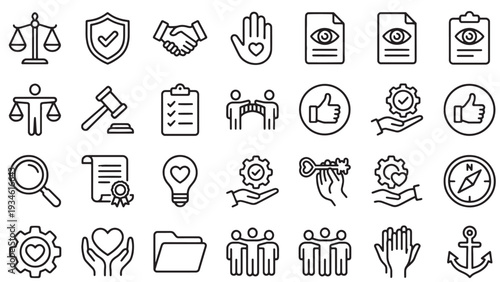 Corporate governance and ethical compliance outline icon set for trust, legal accountability, team policy and organizational integrity projects