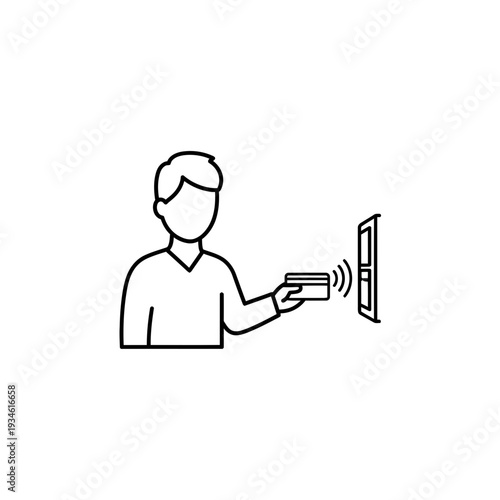 Minimalist black line art illustrating a person initiating a wireless card payment or secure access with a smart reader for modern digital interactions