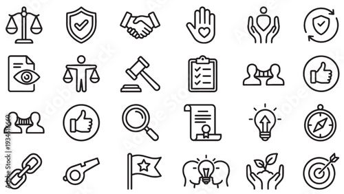 Business ethics and corporate integrity outline icon set for trust, legal compliance, governance policy and organizational values design use