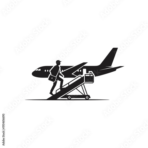 Vector illustration of a passenger boarding an airplane via a mobile stairway, showcasing travel and transportation