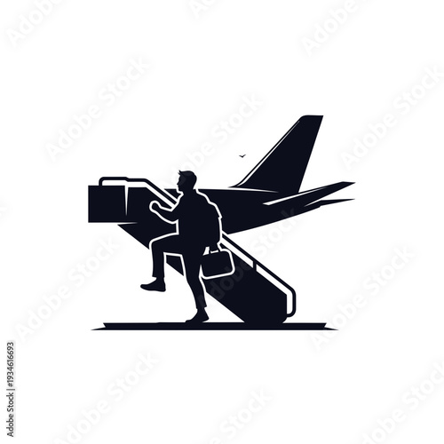 Minimalist black vector illustration of a passenger ascending an aircraft ramp, depicting the excitement of air travel, global journeys, and seamless departure experiences