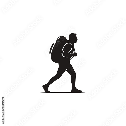 Black monoline logo of a person with a backpack walking, symbolizing adventure and travel