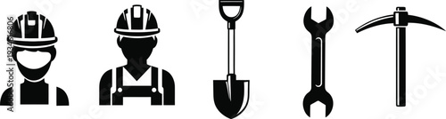 Construction and mining tools and workers icons