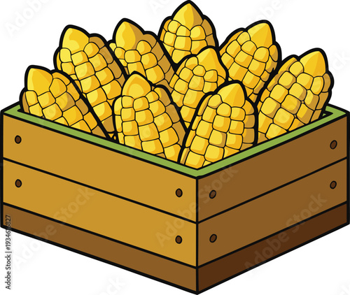 Fresh organic vegetable and fruit illustration featuring a wooden crate with corn and ripe apricots alongside a sweet yellow mango and green leaf in a healthy cartoon vector design