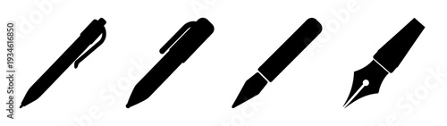 Four writing pens vector illustration, flat design graphics of fountain and ballpoint pens