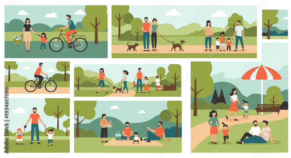 Fototapeta premium Seamless City Park Lifestyle Pattern with People Walking Dogs, Cycling, Jogging and Families Relaxing – Modern Flat Vector Illustration of Urban Outdoor Activities, Healthy Living and Community Recrea