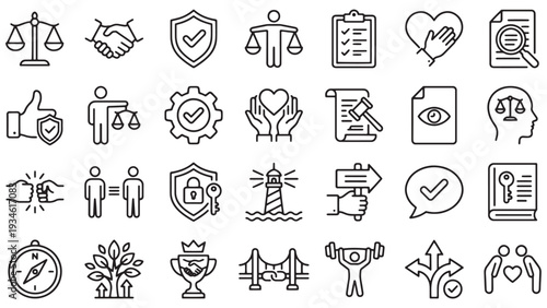 Corporate ethics and legal compliance outline icon set for governance, trust building, policy enforcement and organizational integrity branding