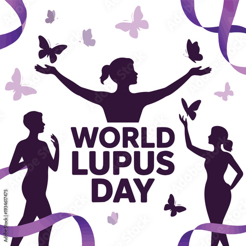 Purple ribbon and silhouettes with butterflies for Lupus Day awareness