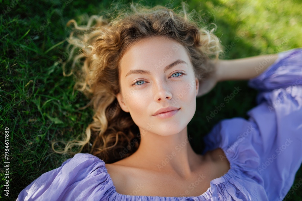 Naklejka premium Young caucasian female adult portrait lying in grass wearing lavender dress with curly hair blue eyes natural makeup soft sunlight outdoor relaxed mood