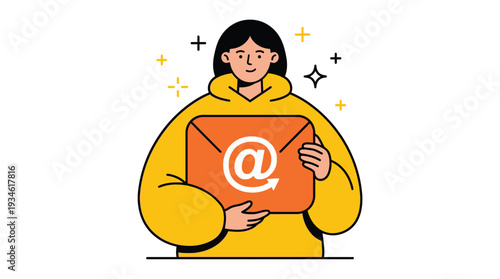 Smiling young woman holding an orange envelope with email symbol and circular arrow, graphic novel art style, conveying communication and digital messaging for business or personal use.