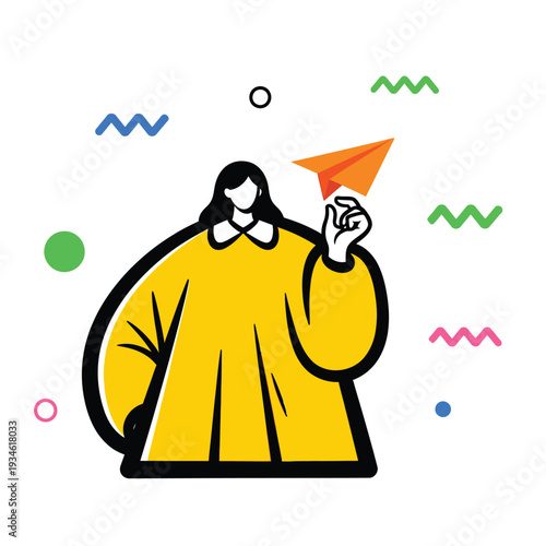 Abstract character in a yellow cloak releasing an orange paper airplane with playful wavy lines and dots in a modern, minimalist flat design style.