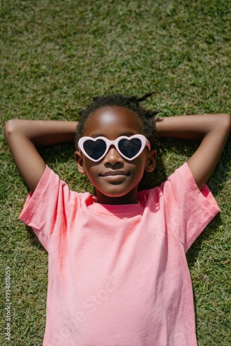 African female child wearing white heart sunglasses lying on grass in pink shirt smiling relaxed on sunny summer day outdoors