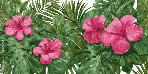 Vibrant tropical hibiscus flowers and exotic green leaves watercolor illustration set