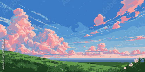 Dreamy pastel clouds painted across a vibrant blue sky at sunset or sunrise