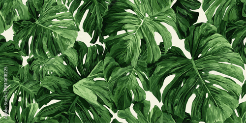 Lush emerald green tropical palm fronds creating a dense and vibrant natural jungle pattern