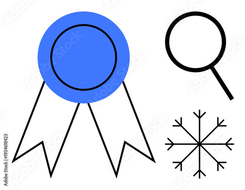 Award ribbon representing achievement, magnifying glass symbolizing analysis, and snowflake embodying uniqueness and precision. Ideal for recognition, scrutiny, uniqueness, precision, creativity