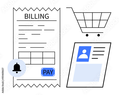Billing concept. Billing elements including invoice detail, shopping cart, and user profile for online payment. Billing workflow for ecommerce, transactions, receipts, and financial apps