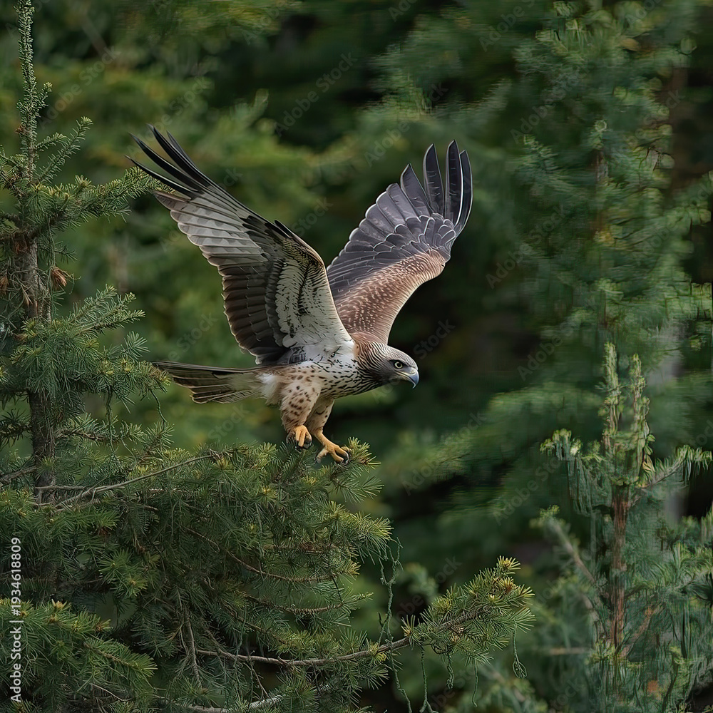 Fototapeta premium Brown eagle landing on pine tree branch in flight