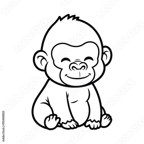 Adorable happy baby gorilla sitting and smiling in a cute cartoon style, perfect for children's books, logos, and nature-themed designs.