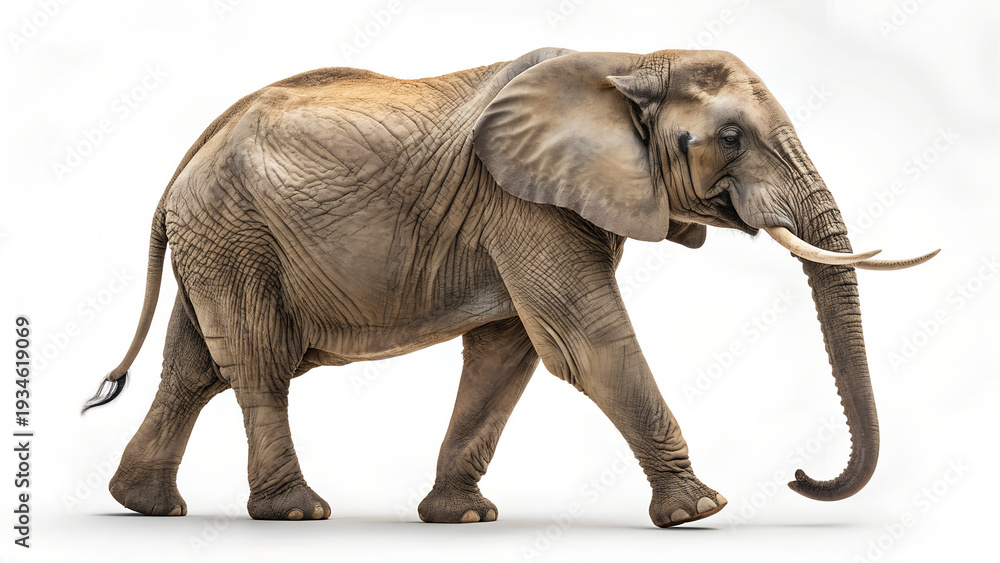 Obraz premium A large elephant walking on a plain white background slowly